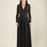 Abito donna lungo con maniche lunghe e scollo a V. AB003147 NERO ARTIGLI 