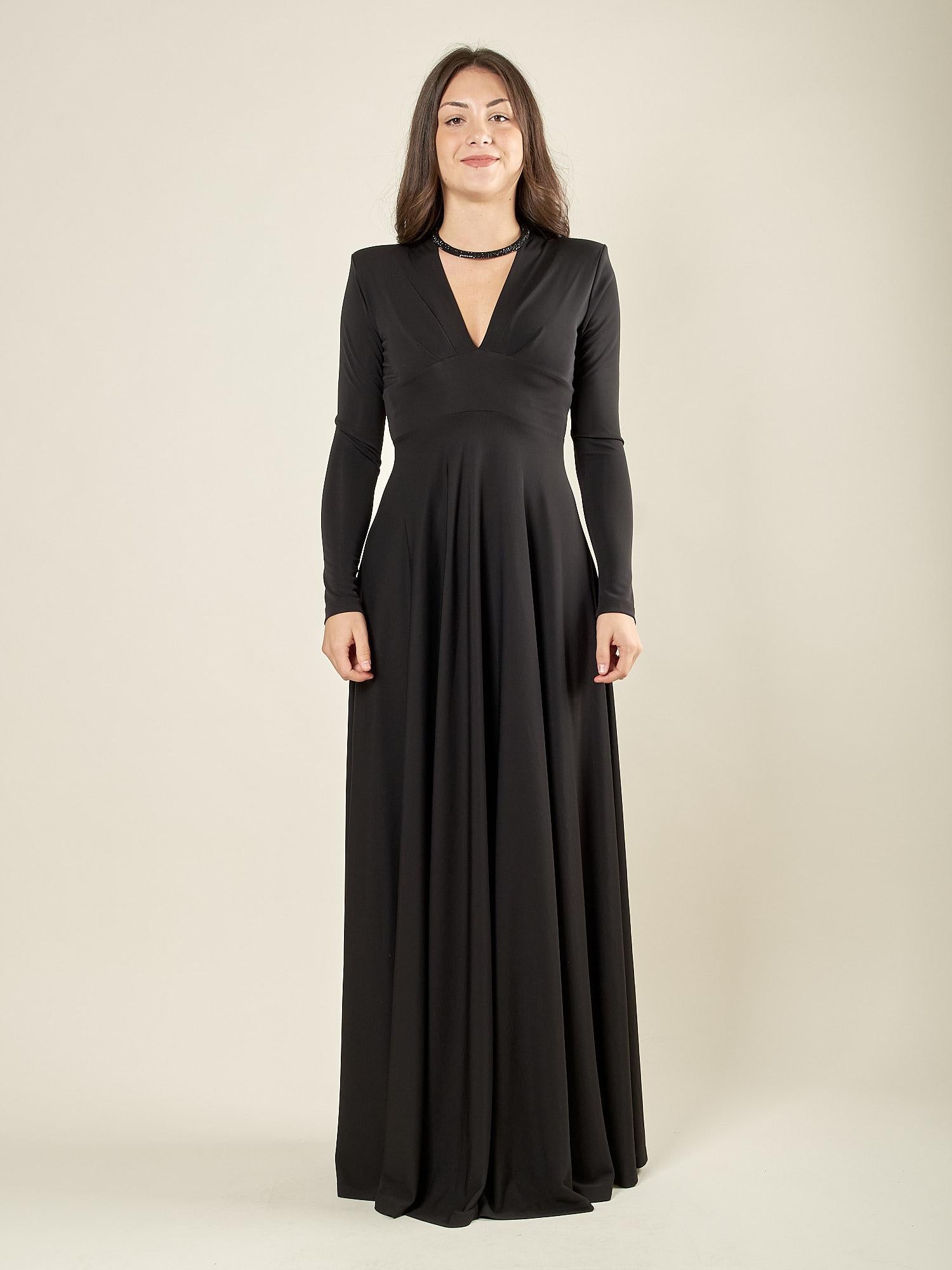 Abito donna lungo con maniche lunghe e scollo a V. AB003147 NERO ARTIGLI 