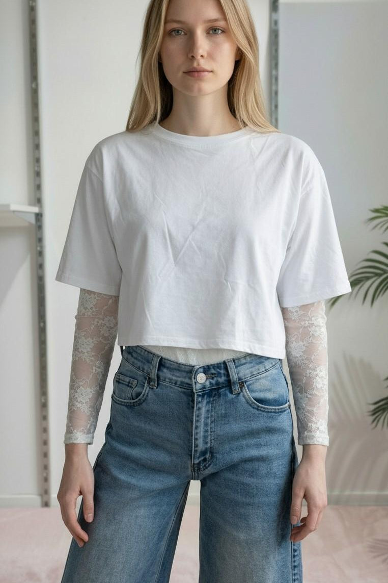 T-shirt Donna Manica Corta Ampia con Body in Pizzo a Manica Lunga 76372 BIANCO VINCE OTTO 