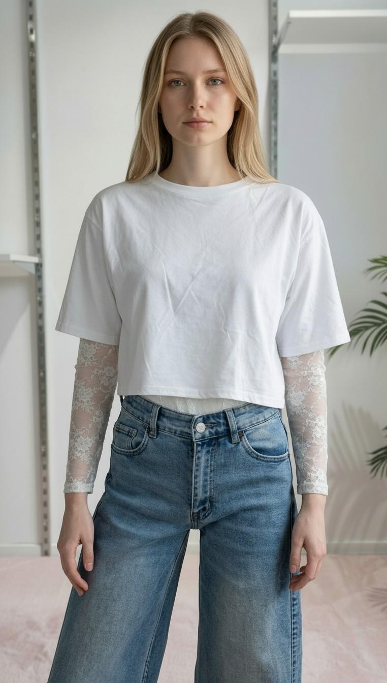 T-shirt Donna Manica Corta Ampia con Body in Pizzo a Manica Lunga 76372 BIANCO VINCE OTTO 