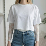 T-shirt Donna Manica Corta Ampia con Body in Pizzo a Manica Lunga 76372 BIANCO VINCE OTTO 