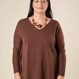 Maglia Donna Curvy in Viscosa  Scollo a V, Manica Raglan e Micro Paillettes Tono su Tono. F768YBFAZ23804 MOCHA Lizalù 