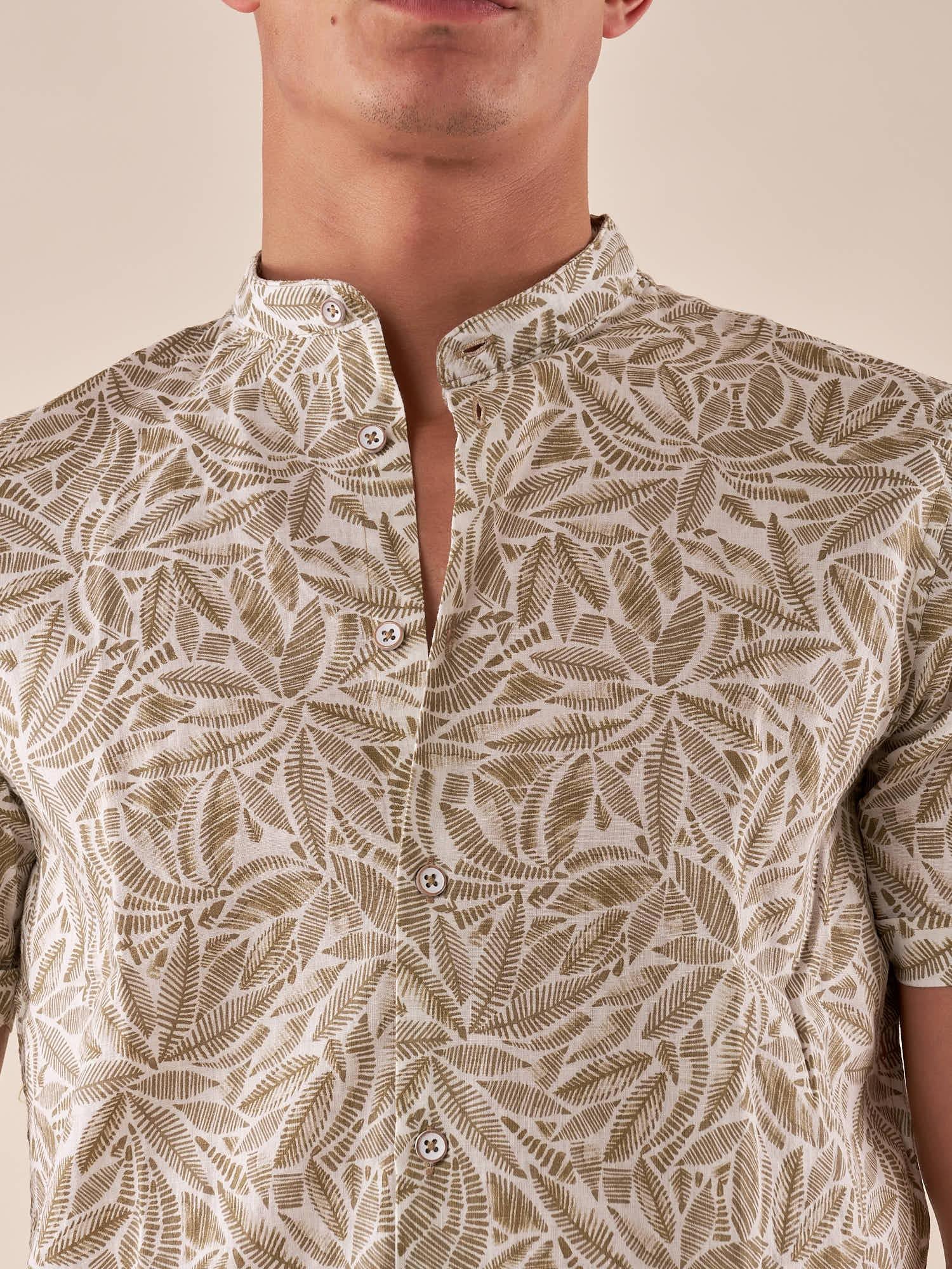 Camicia da Uomo Manica Corta Fantasia Floreale Collo Coreano in Lino e Cotone. CE1277H BEIGE HAMAKI-HO 