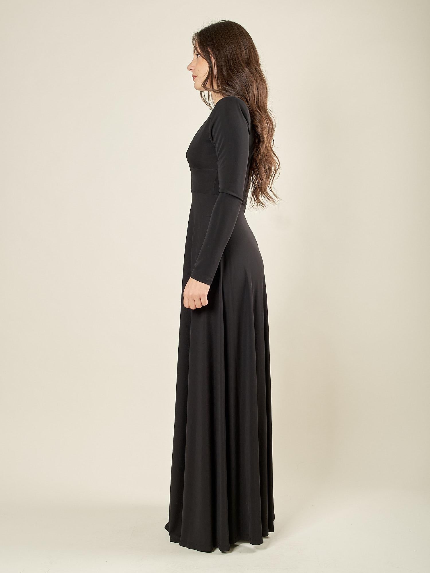 Abito donna lungo con maniche lunghe e scollo a V. AB003147 NERO ARTIGLI 