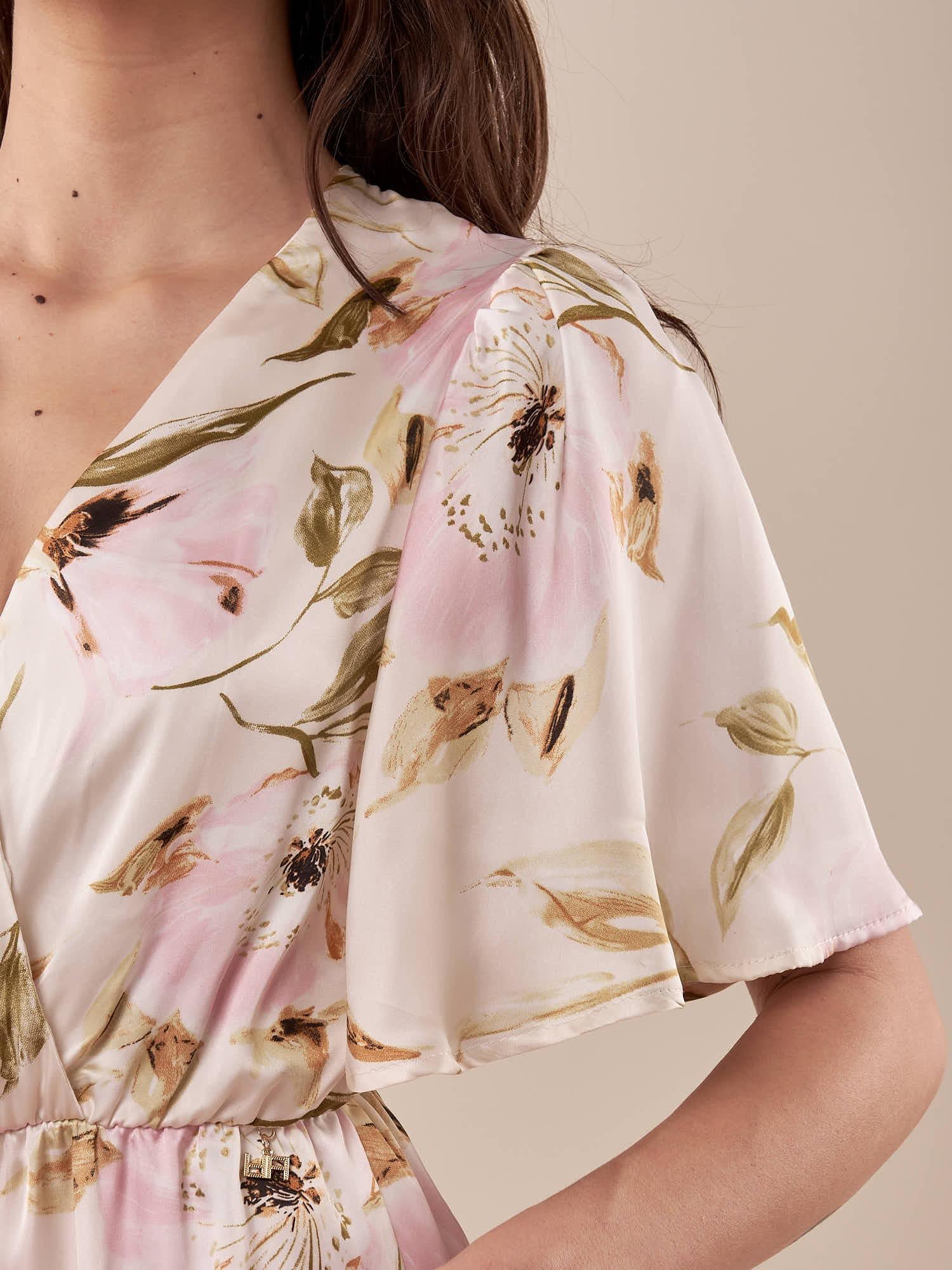 Abito corto in fantasia con manica ampia donna AB002451 AVORIO/ROSA ARTIGLI 