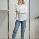 Camicia Donna in Cotone Manica Lunga Over Fit con Applicazione di Pietre R49/102958 BIANCO EXTASY 