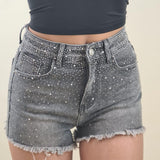Shorts di Jeans da Donna con Brillantini  Vita Elasticizzata e Fondo Sfrangiato AMR/LS9338EC GRIGIO EXTASY 