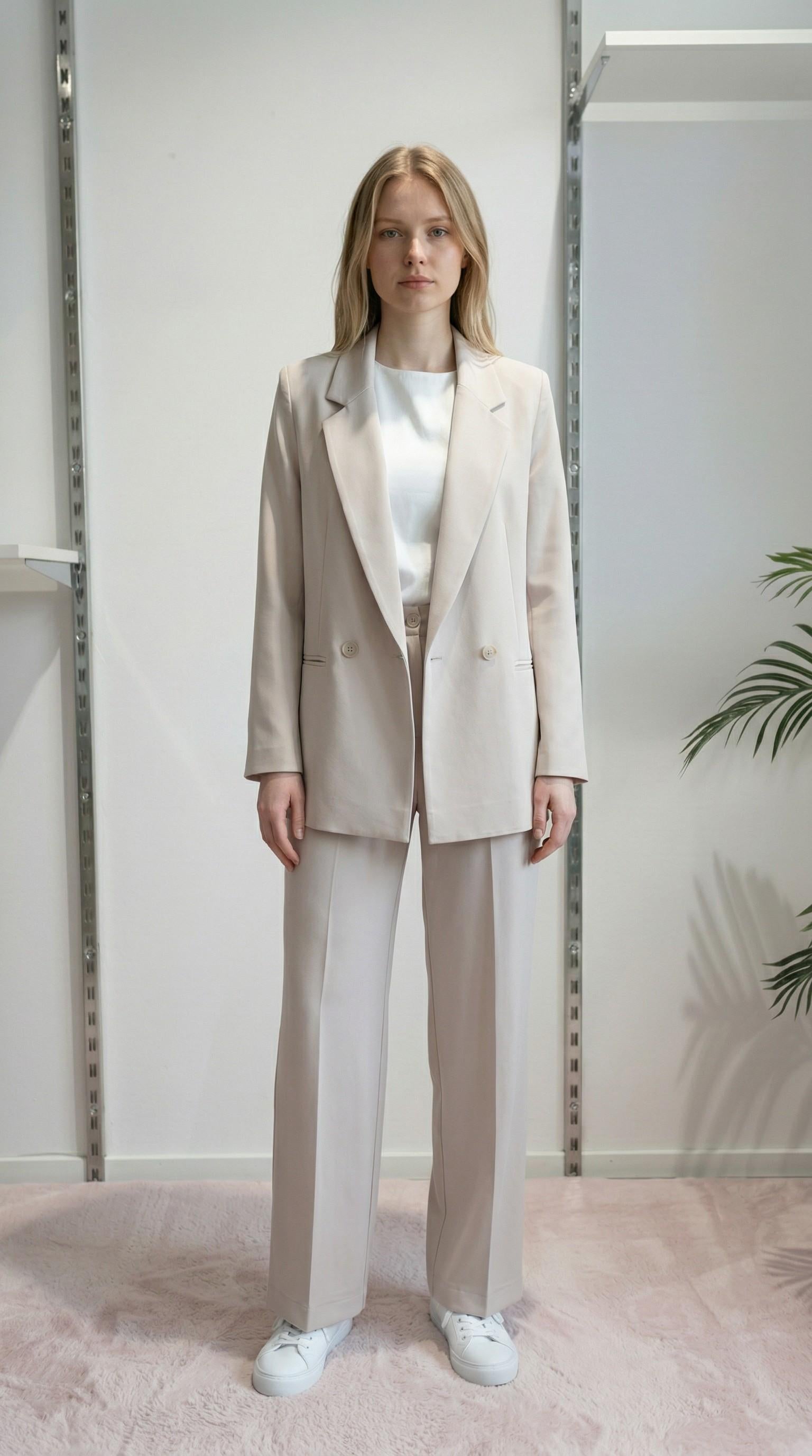 Pantalone da donna modello largo in tessuto crêpe con vita alta e mezzo elastico. DR5038/PANT BEIGE REver 