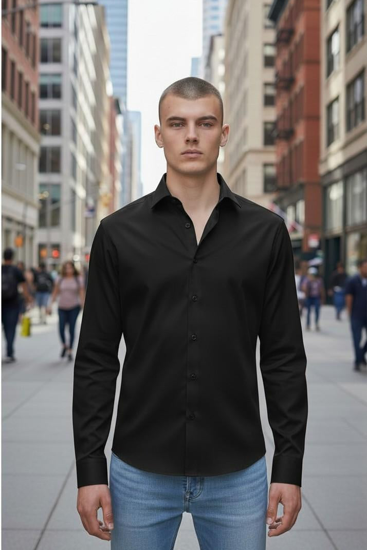 Camicia Uomo No Stiro in Jersey Ultra Stretch Manica Lunga. CON5413426 BLACK CONSENSO 