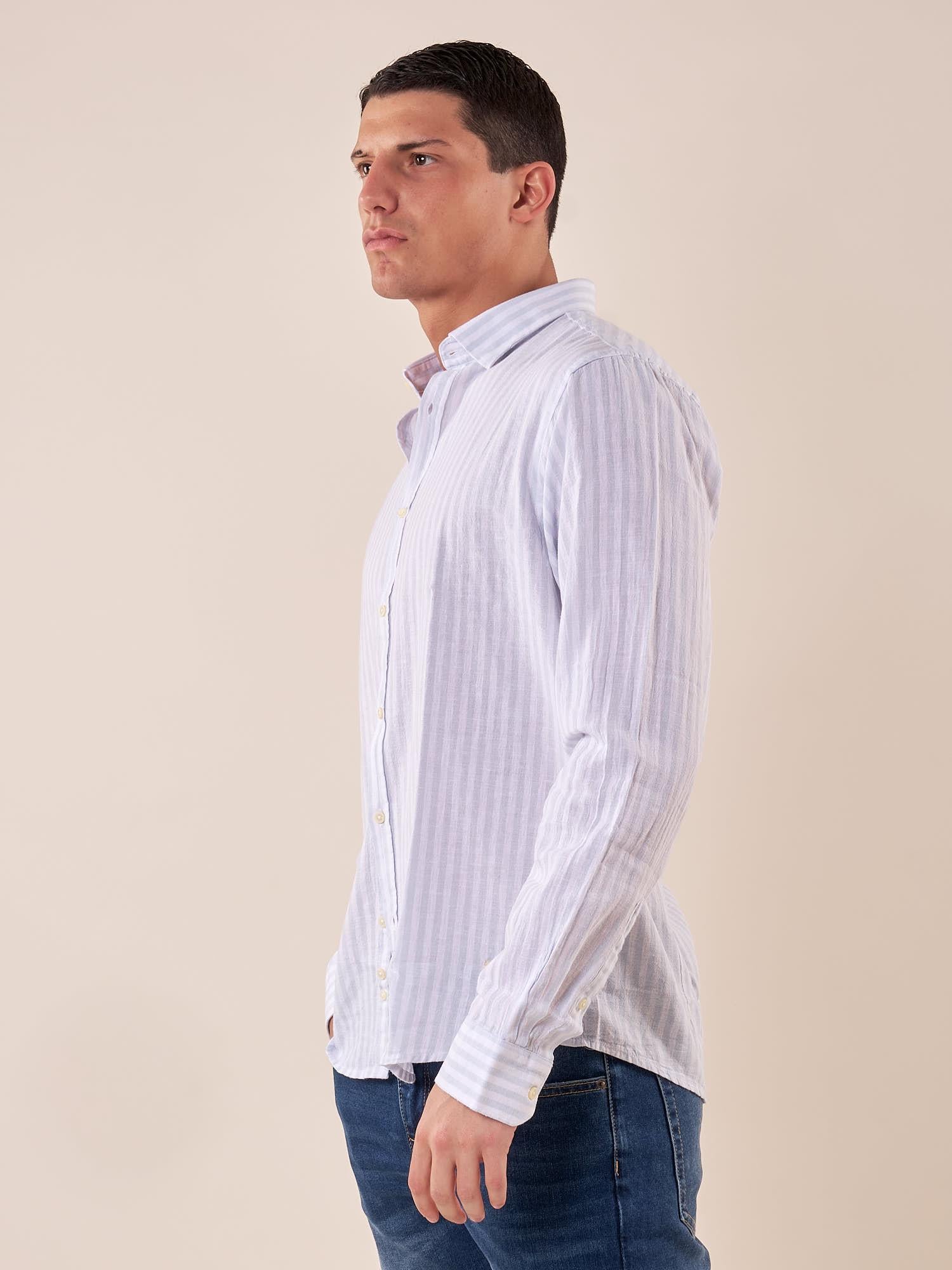 Camicia manica lunga rigata misto lino collo con bottoncino a scomparsa uomo. OC1S2S5C11 POLVERE OVER-D Uomo 