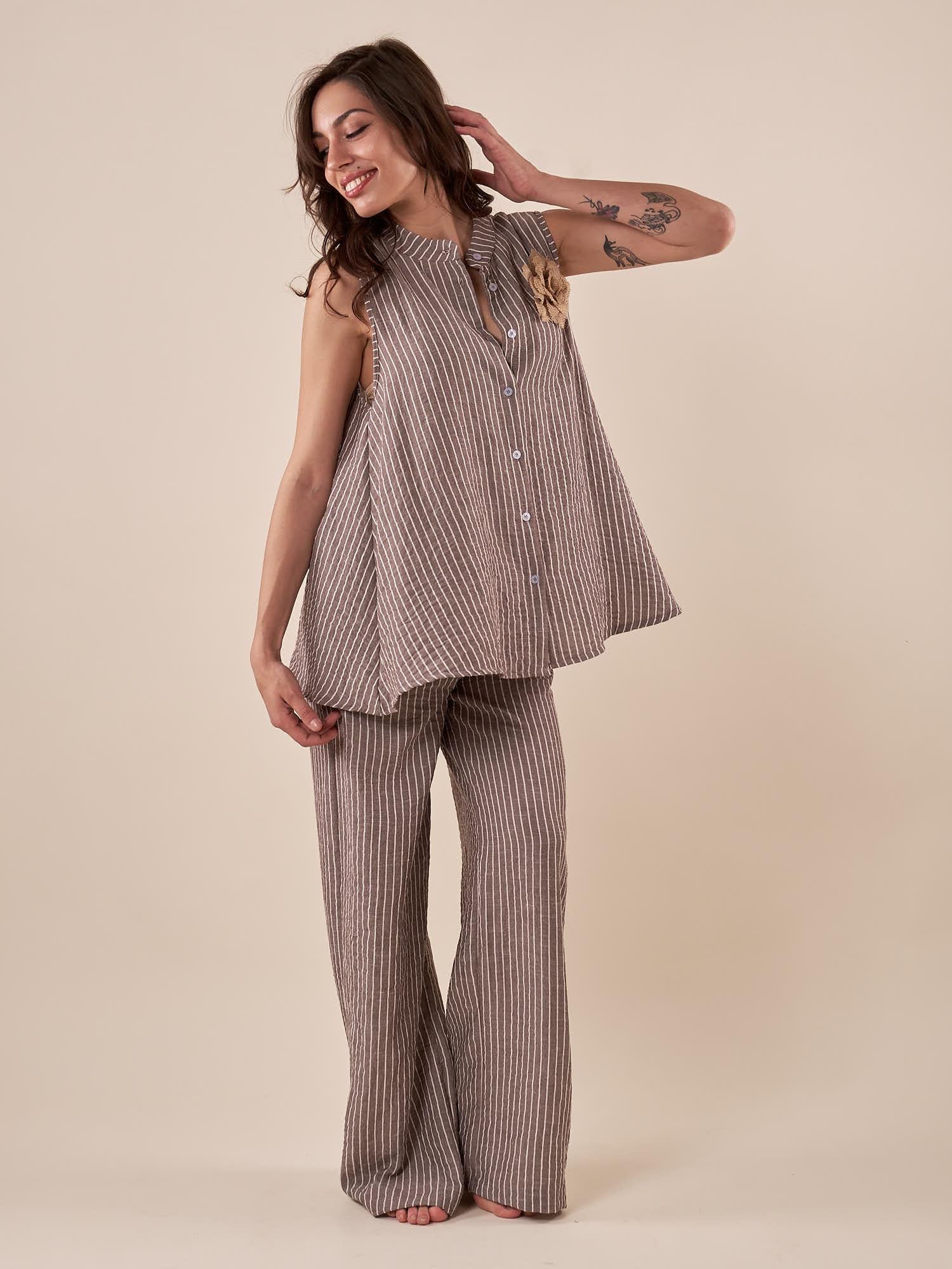 Pantalone Donna largo in tessuto rigato con cintura abbinata. PG419P/EST309EC MORO EXTASY 