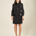 Abito midi donna con abbottonatura frontale e dettagli in raso. Eleganza romantica e stile raffinato. AB003215 NERO ARTIGLI 