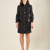 Abito midi donna con abbottonatura frontale e dettagli in raso. Eleganza romantica e stile raffinato. AB003215 NERO ARTIGLI 