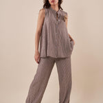 Pantalone Donna largo in tessuto rigato con cintura abbinata. PG419P/EST309EC MORO EXTASY 