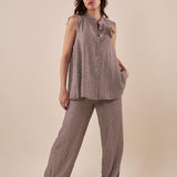 Pantalone Donna largo in tessuto rigato con cintura abbinata. PG419P/EST309EC MORO EXTASY 