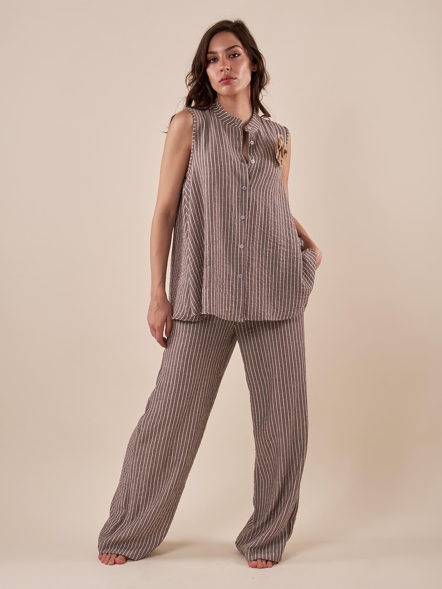 Pantalone Donna largo in tessuto rigato con cintura abbinata. PG419P/EST309EC MORO EXTASY 