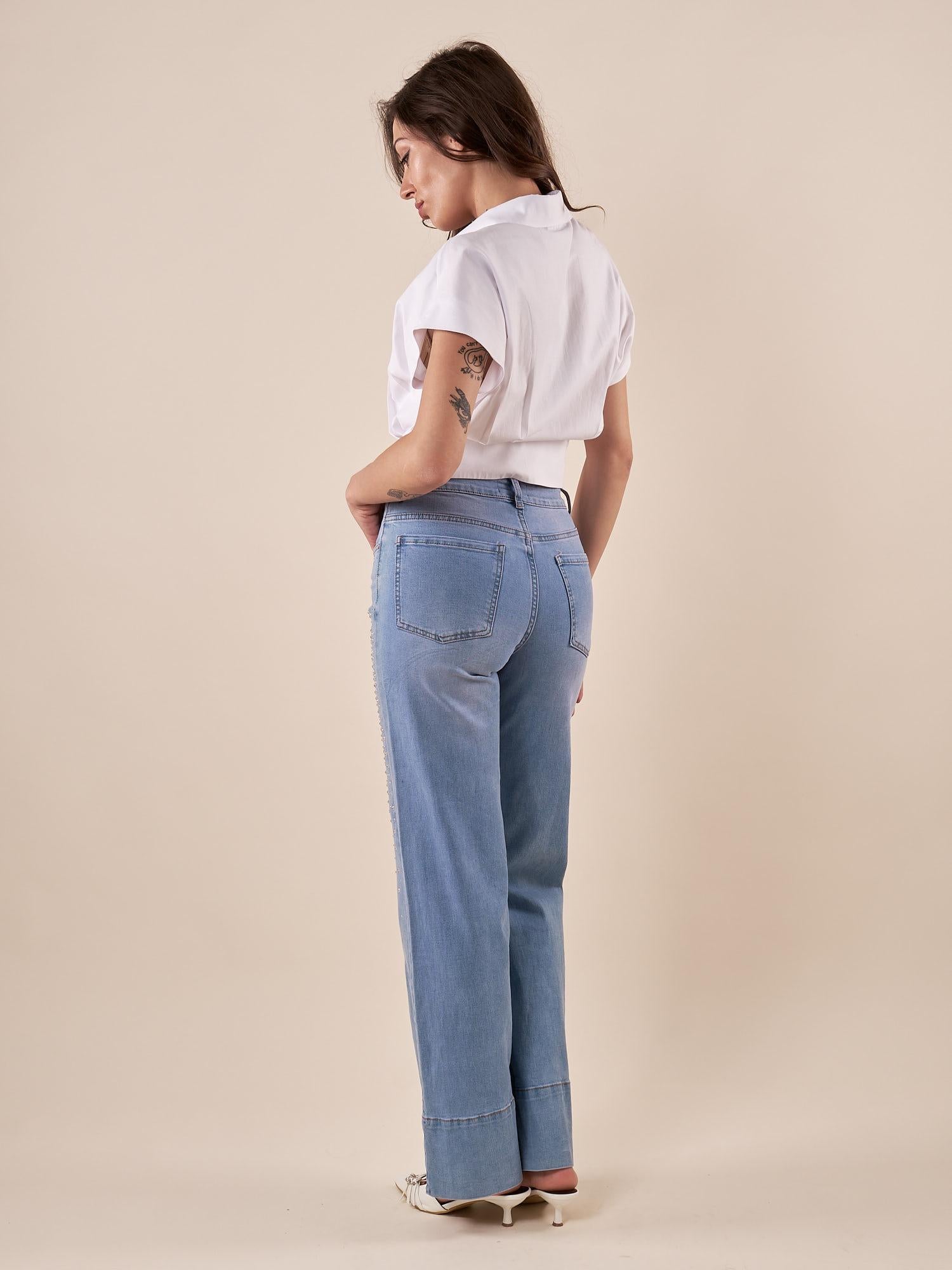 Jeans Donna palazzo con risvolto alto e brillantini. AMR/C3722/BEC DENIM EXTASY 
