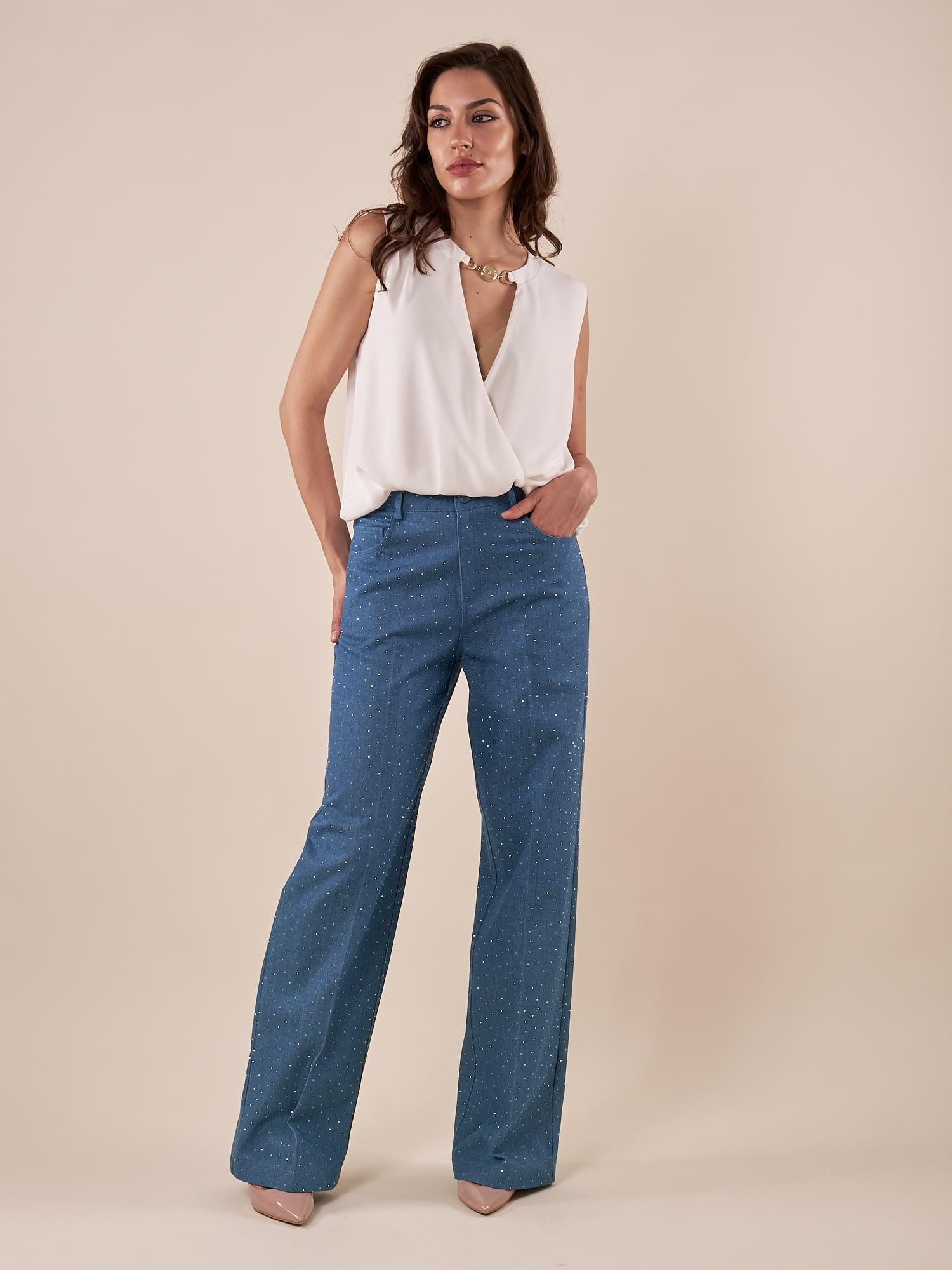 Pantalone donna a palazzo con strass e tasche. PA001931 BLU ARTIGLI 
