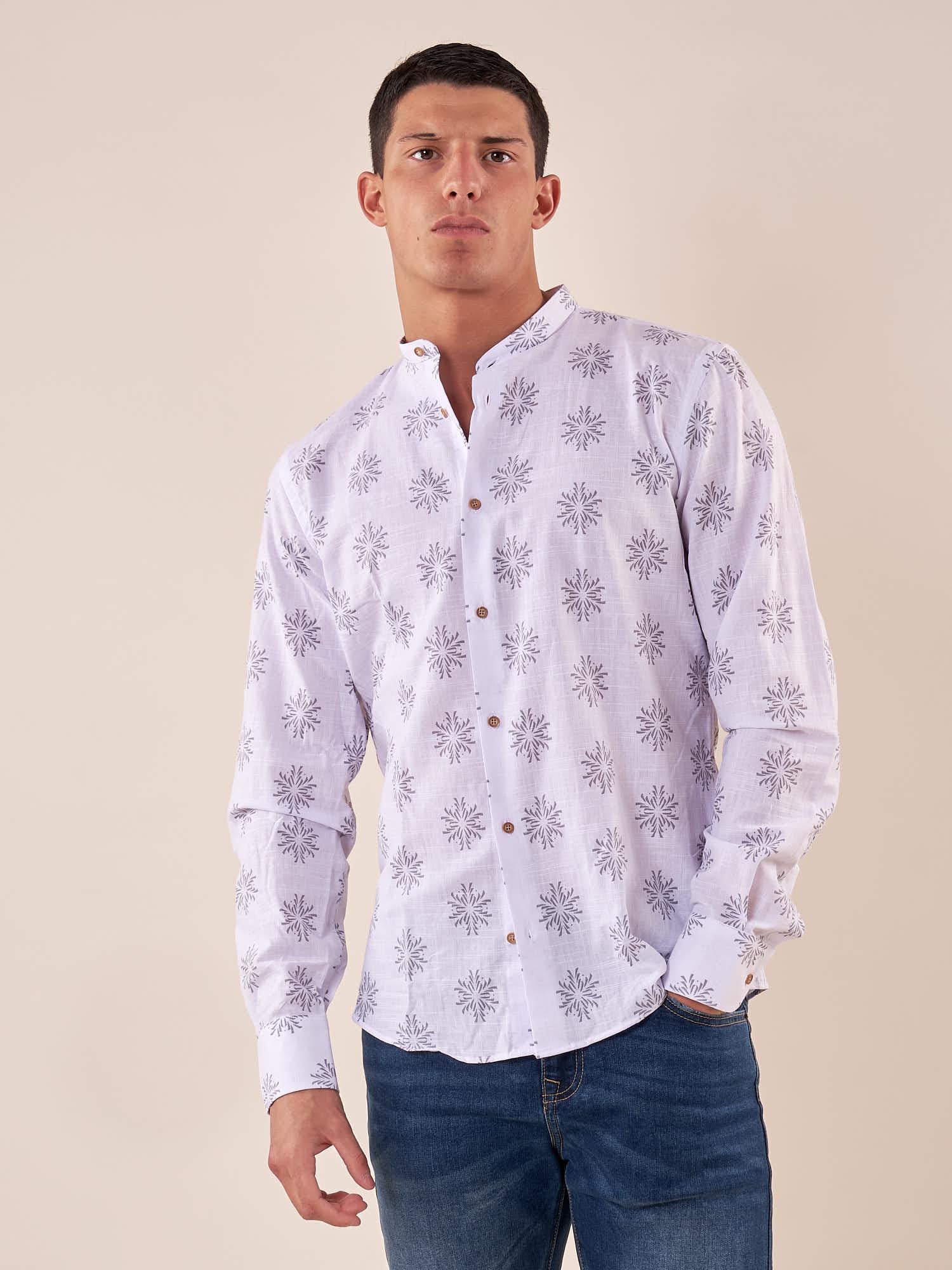 Camicia coreana manica lunga misto lino fantasia uomo. DM9393 GRIGIO DATCH 