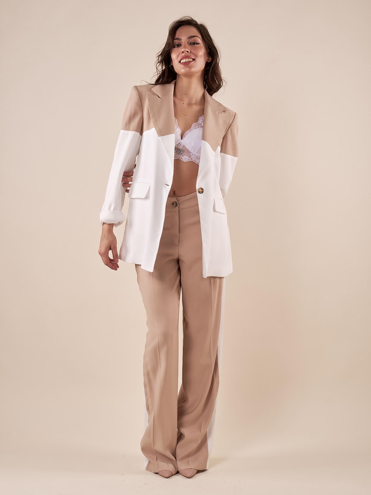 Giacca da Donna bicolore in tessuto misto viscosa con tasca con pattina. GI000817 BEIGE/AVORIO ARTIGLI 