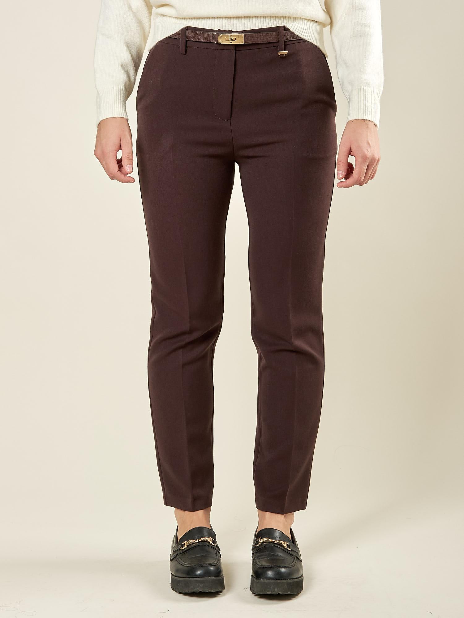Pantalone donna a sigaretta in tessuto manolana. Eleganza essenziale e comfort sartoriale. PA003190 CACAO ARTIGLI 