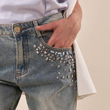 Jeans Donna lungo con strass sulle tasche e fondo sfrangiato. DE002424 DENIM ARTIGLI 