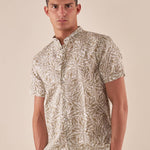 Camicia da Uomo Manica Corta Fantasia Floreale Collo Coreano in Lino e Cotone. CE1277H BEIGE HAMAKI-HO 