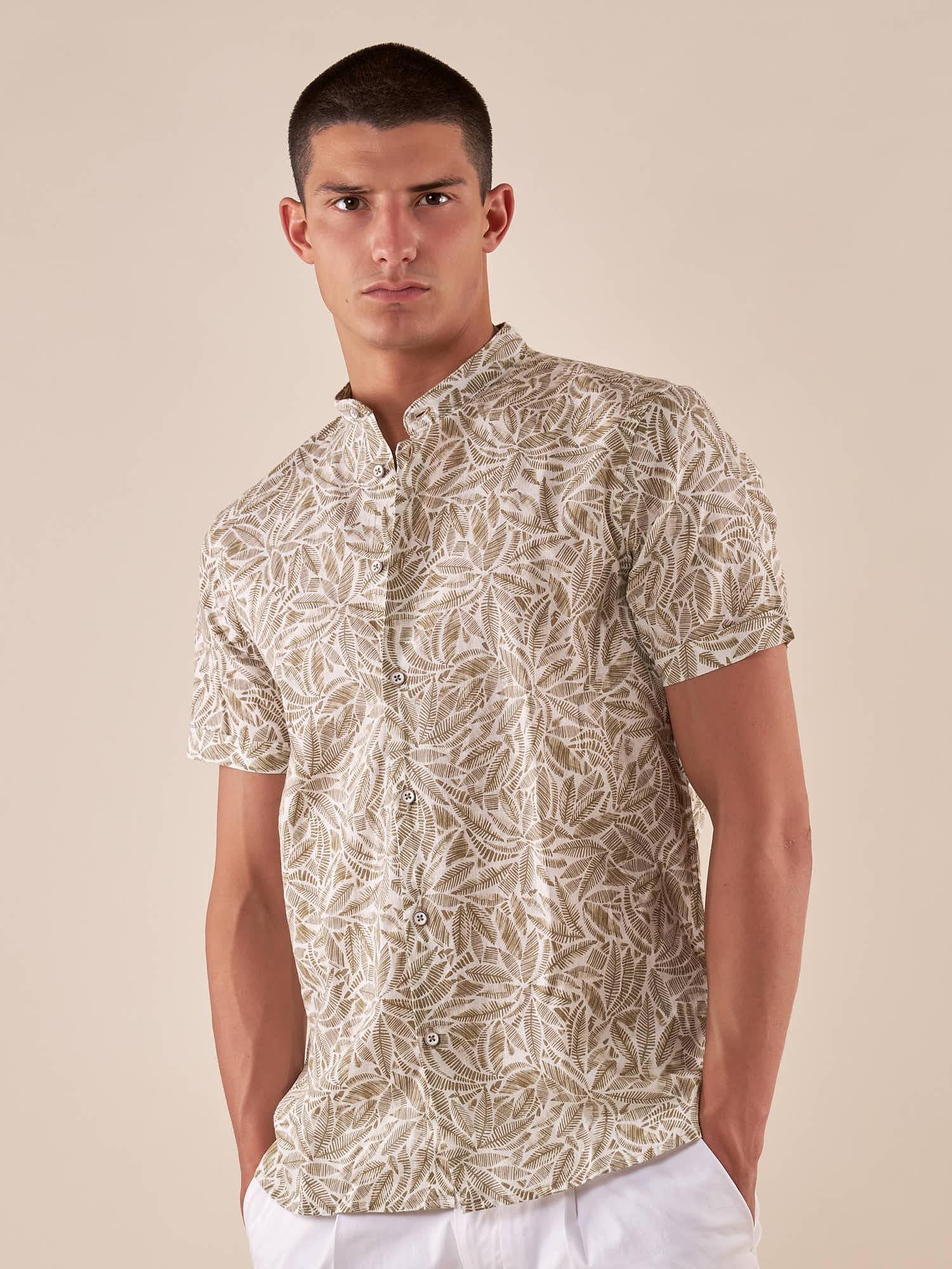 Camicia da Uomo Manica Corta Fantasia Floreale Collo Coreano in Lino e Cotone. CE1277H BEIGE HAMAKI-HO 