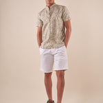 Camicia da Uomo Manica Corta Fantasia Floreale Collo Coreano in Lino e Cotone. CE1277H BEIGE HAMAKI-HO 