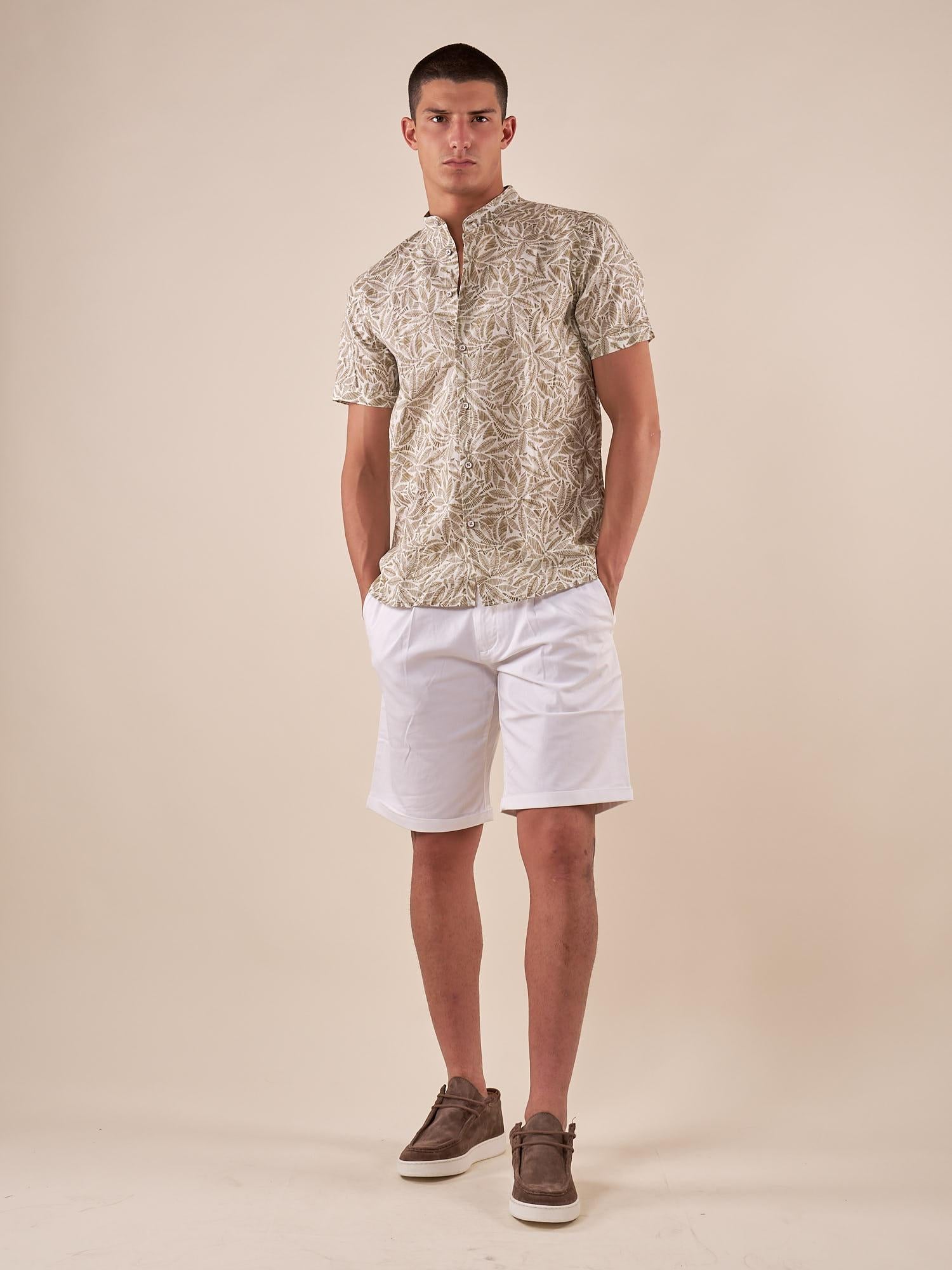 Camicia da Uomo Manica Corta Fantasia Floreale Collo Coreano in Lino e Cotone. CE1277H BEIGE HAMAKI-HO 