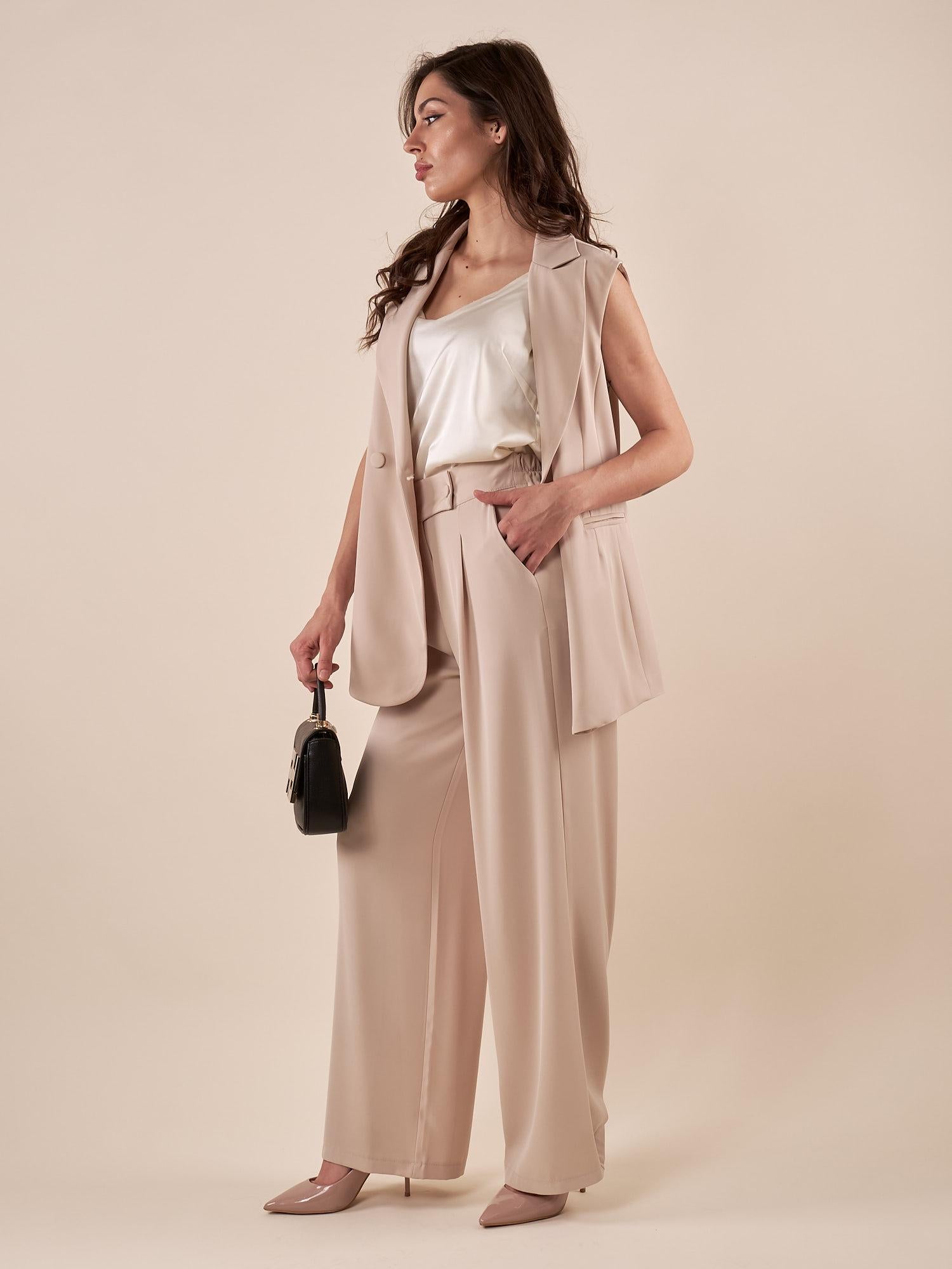 Pantalone Donna palazzo con pences ed elastico sul retro. KAR857/321EC BEIGE EXTASY 