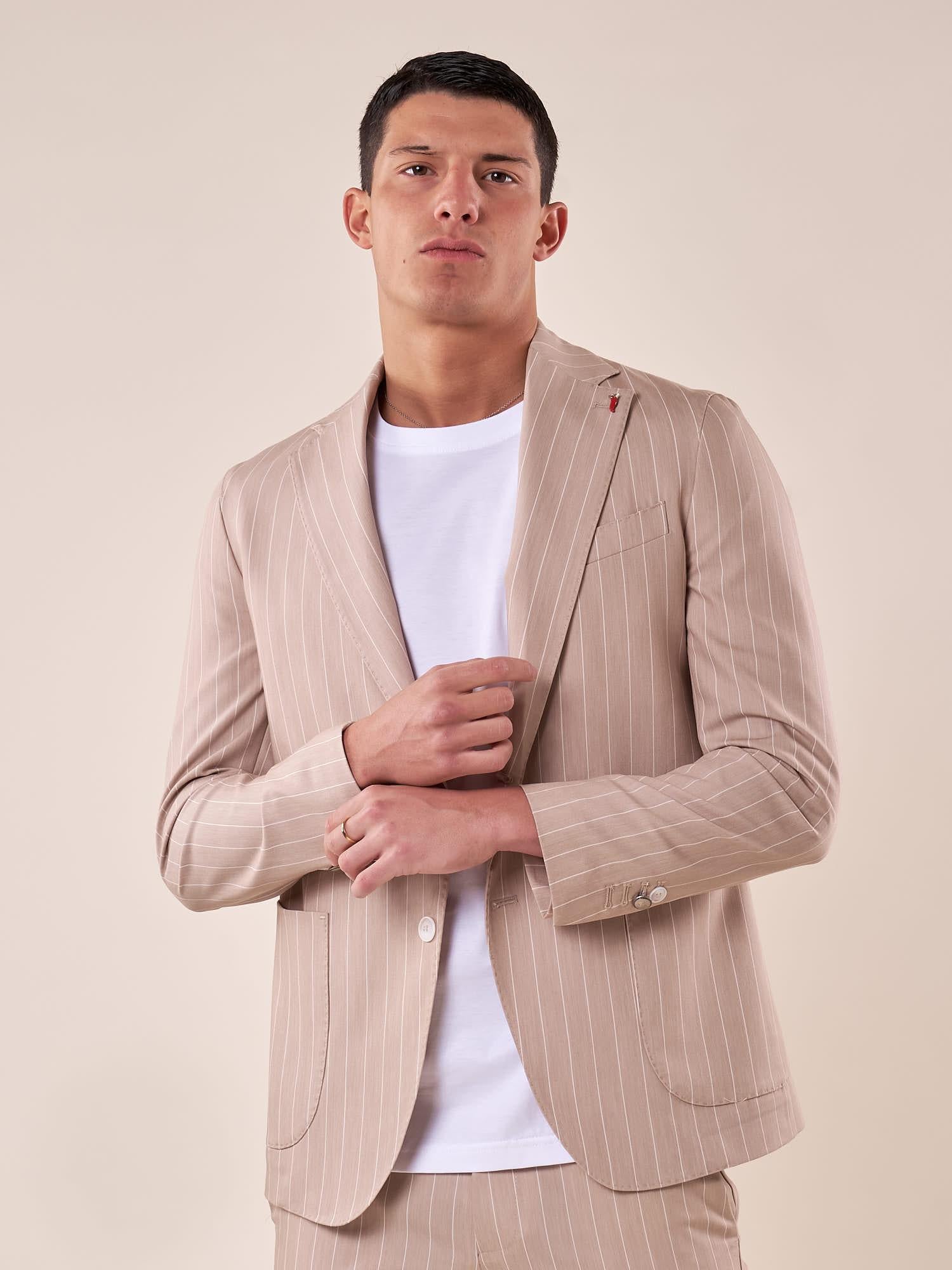 Abito tessuto gessato elasticizzato tasca toppe due spacchetti uomo. CARAIBI BEIGE MULISH Uomo 