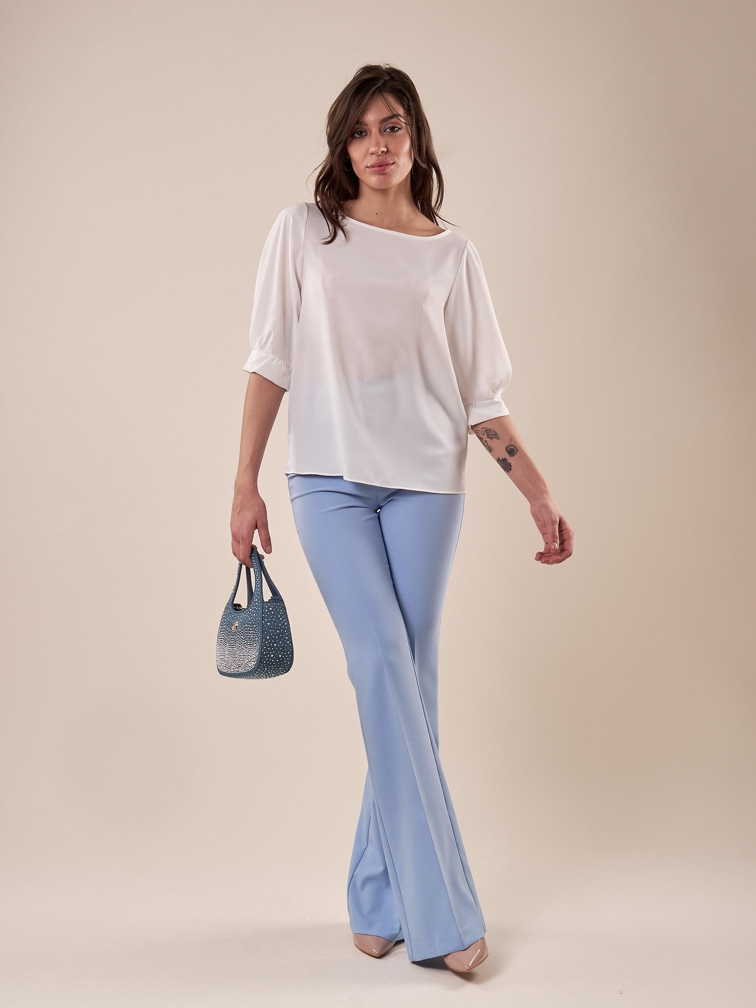 Blusa Donna manica corta con pieghe alle maniche BL002215 PANNA ARTIGLI 