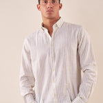 Camicia manica lunga rigata misto lino collo con bottoncino a scomparsa uomo. OC1S2S5C11 BAMBOO OVER-D Uomo 