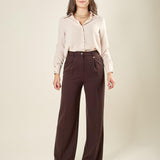 Pantalone palazzo donna con pence frontali in tessuto manolana. Eleganza e comfort quotidiano. PA003192 CACAO ARTIGLI 
