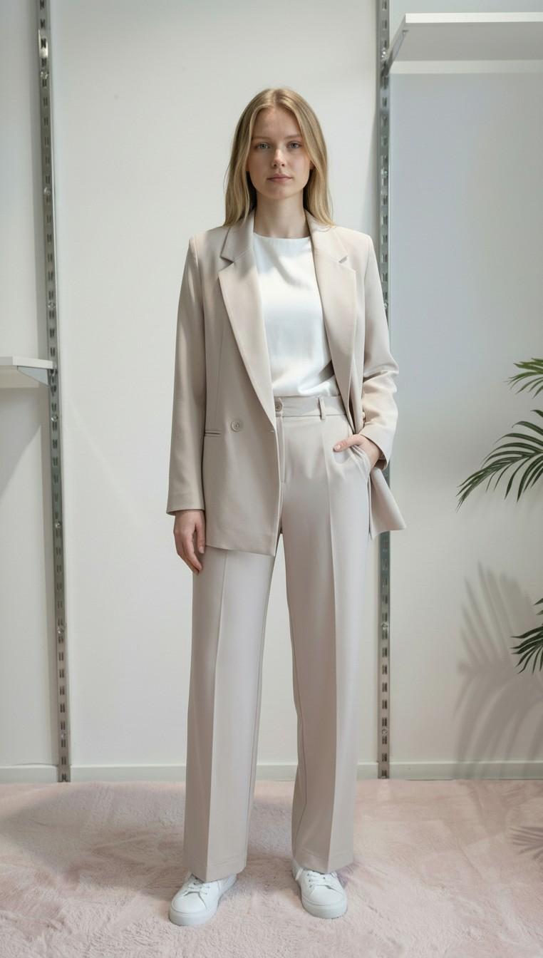 Pantalone da donna modello largo in tessuto crêpe con vita alta e mezzo elastico. DR5038/PANT BEIGE REver 