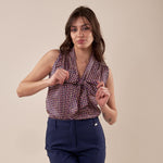 Blusa in fantasia con fiocco donna. BL001762 BLU/ORO ARTIGLI 