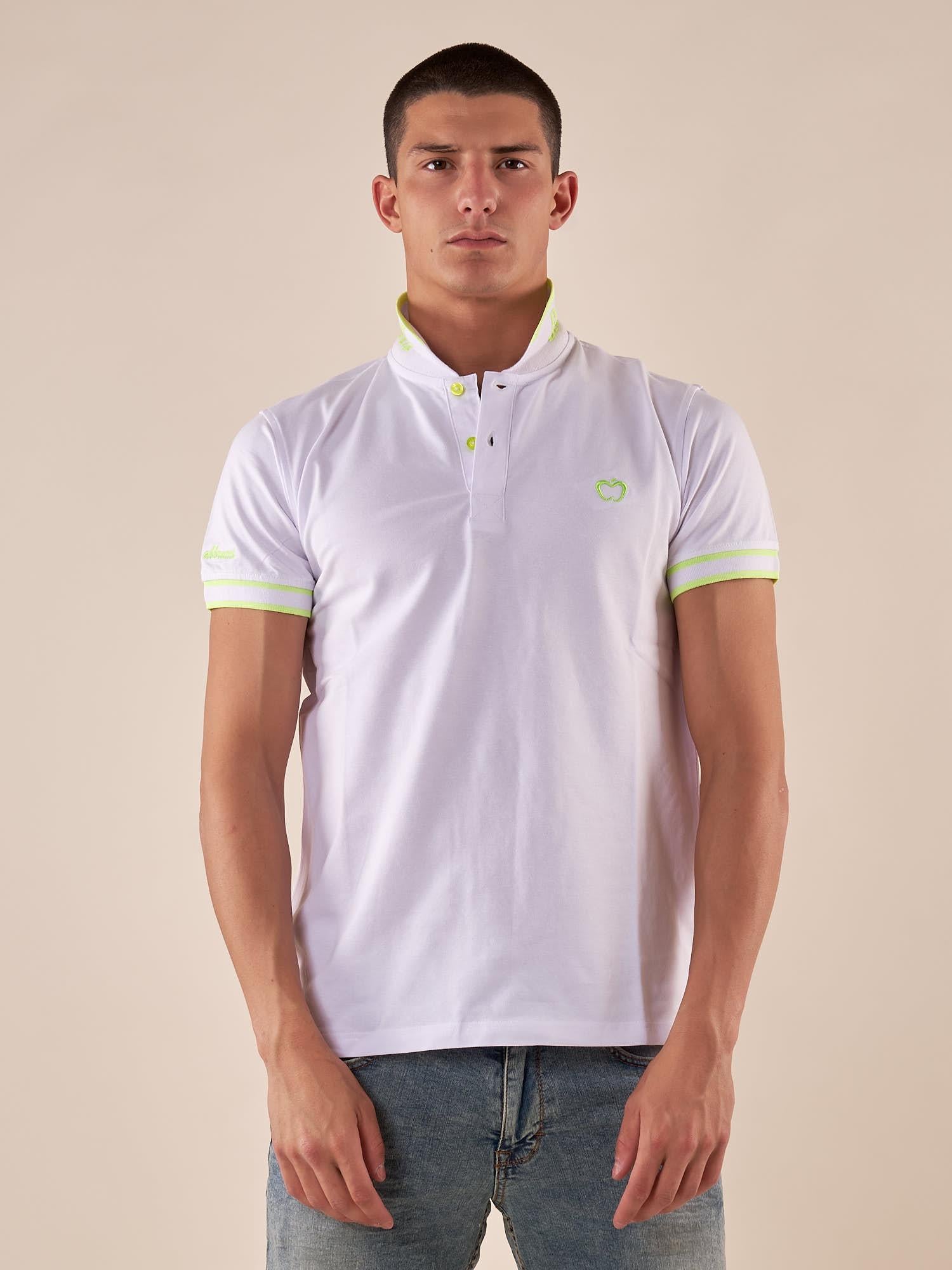 Polo Uomo in Cotone Piquet a Manica Corta con Dettagli Fluo e Logo sul Colletto. BAM1421 BIANCO BACI & ABBRACCI 