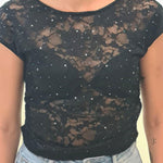 Top Donna Corto in Pizzo Trasparente a Manica Corta. V8515 NERO VINCE OTTO 