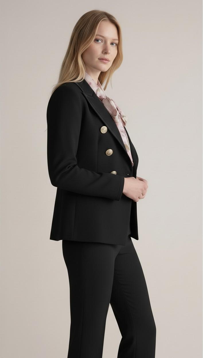 Giacca Doppiopetto Donna con Profilo in Raso e Bottoni Oro GI004357 NERO ARTIGLI Donna 