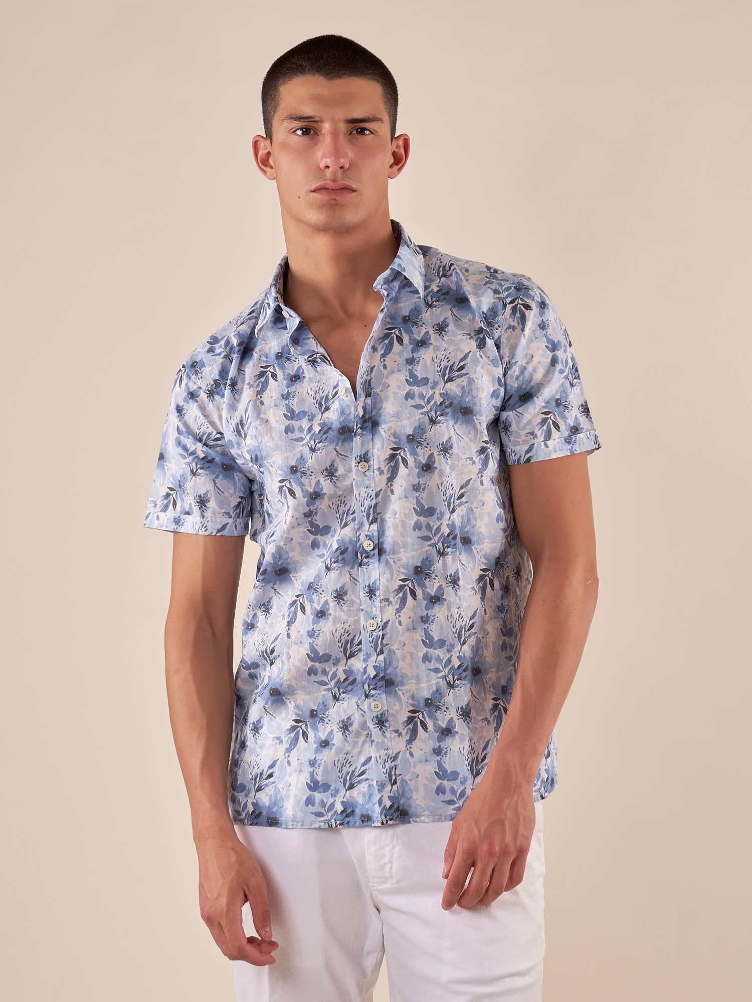 Camicia a Fantasia Floreale Uomo Manica Corta 100% Cotone Traspirante. CE1281H BLU HAMAKI-HO 