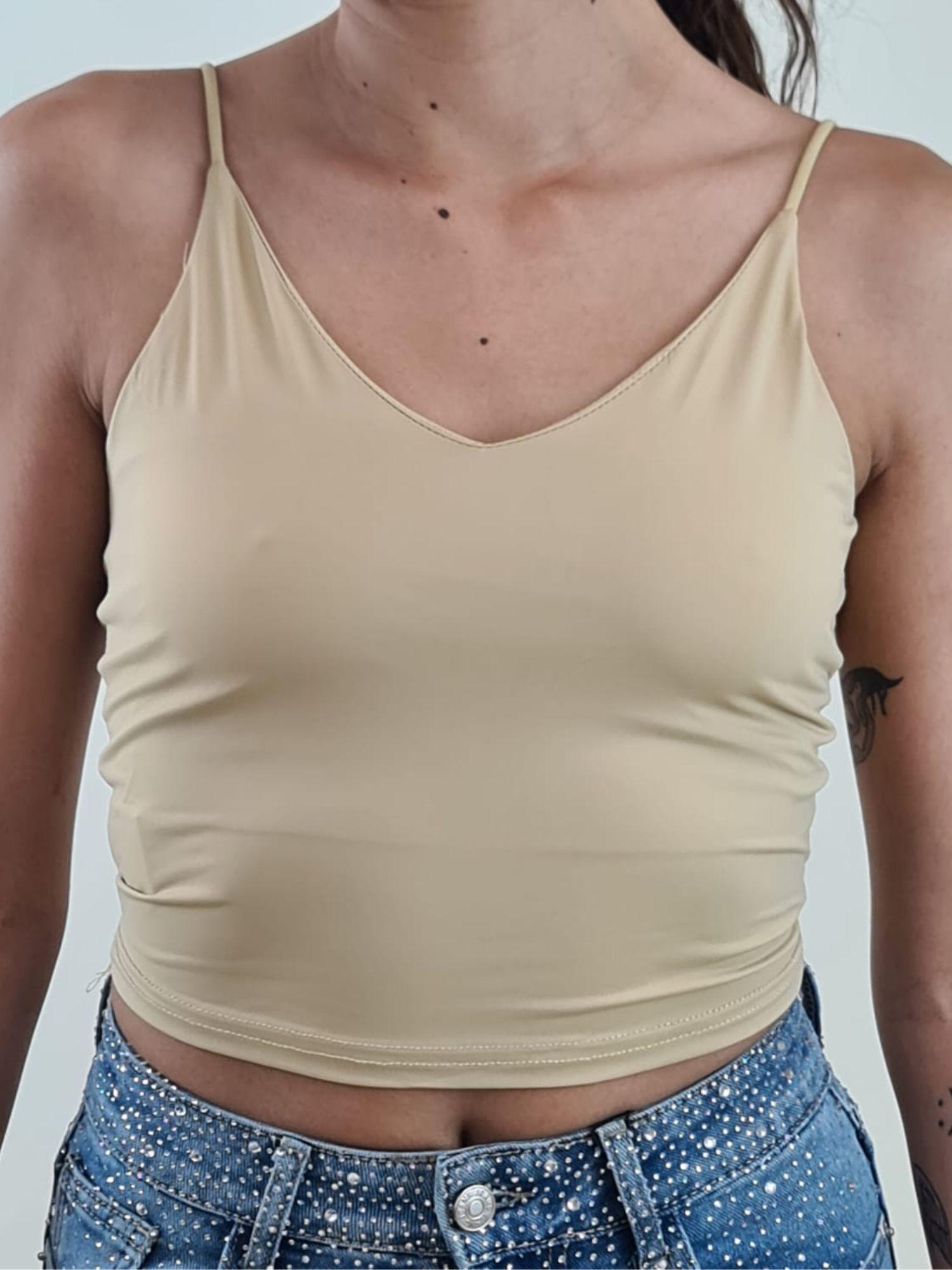 Top Donna a Spallina Stretta Corto Effetto Second Skin. V7333B BEIGE VINCE OTTO 