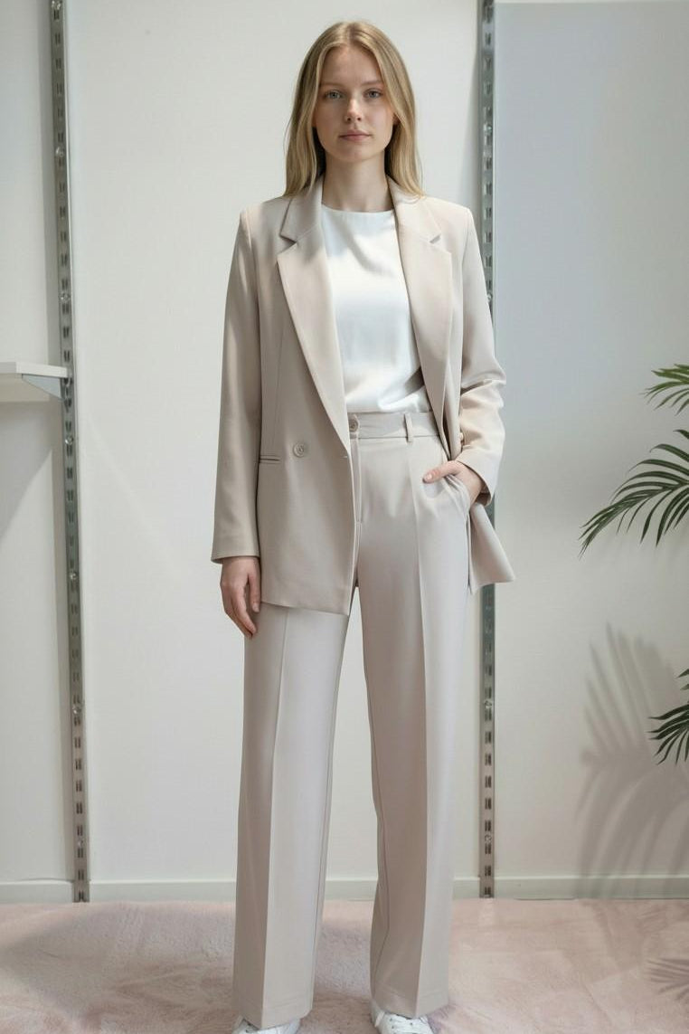 Pantalone da donna modello largo in tessuto crêpe con vita alta e mezzo elastico. DR5038/PANT BEIGE REver 