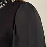 Maglia donna collo alto con pietre e maniche in georgette. MA003091 NERO ARTIGLI 