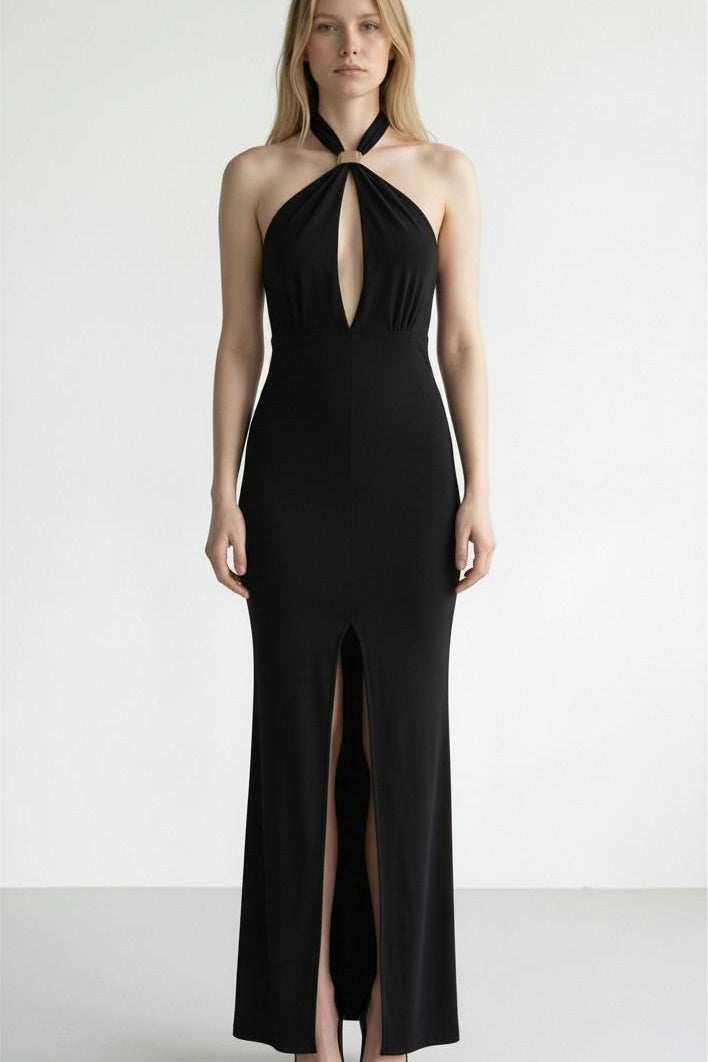 Abito Donna Lungo Elegante con Incrocio al Collo e Spacco Centrale AB004378 NERO ARTIGLI Donna 