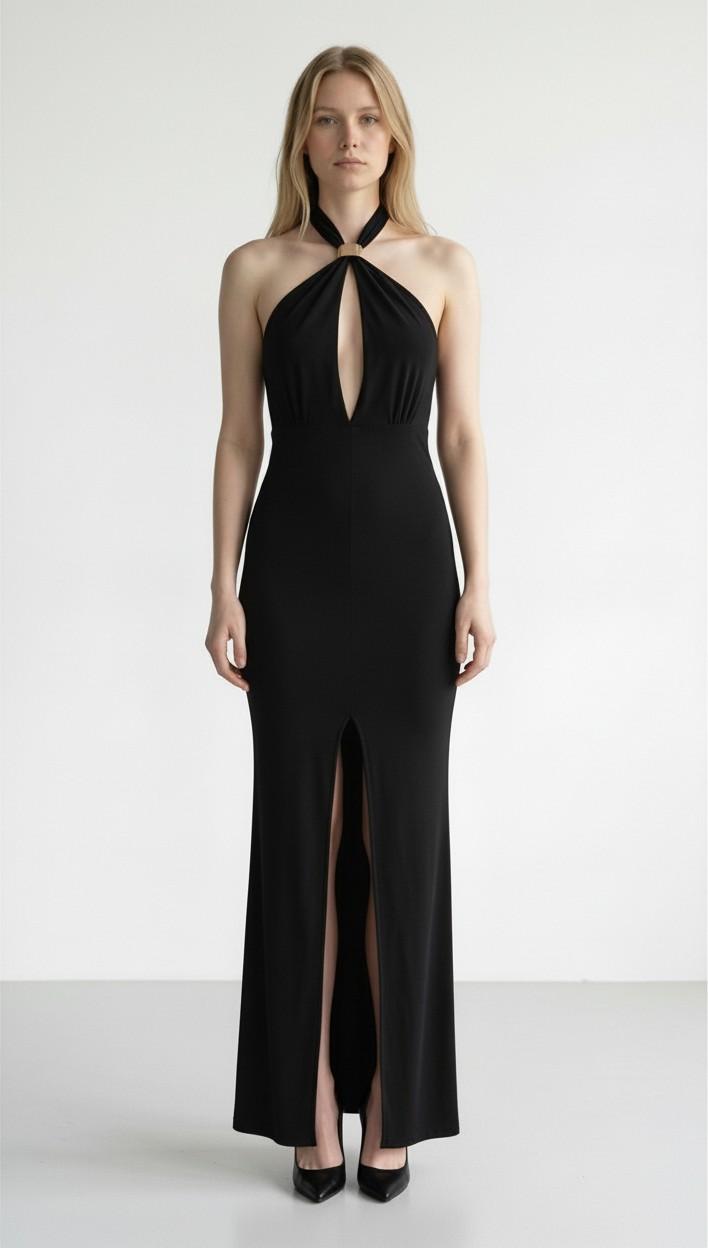 Abito Donna Lungo Elegante con Incrocio al Collo e Spacco Centrale AB004378 NERO ARTIGLI Donna 