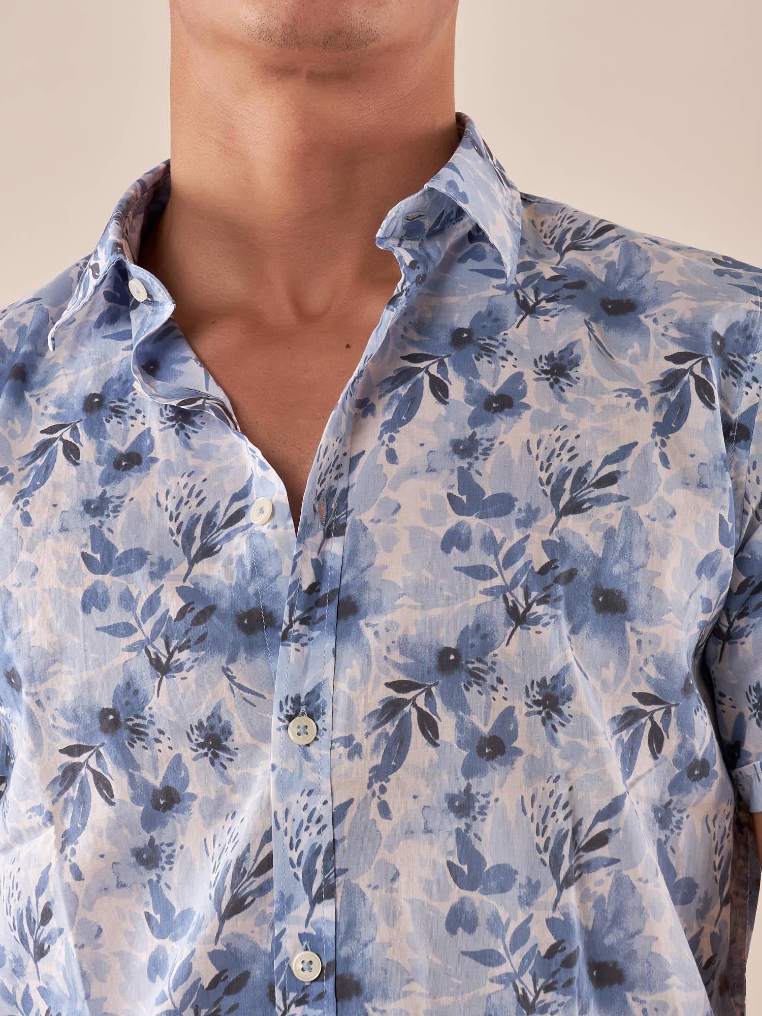 Camicia a Fantasia Floreale Uomo Manica Corta 100% Cotone Traspirante. CE1281H BLU HAMAKI-HO 