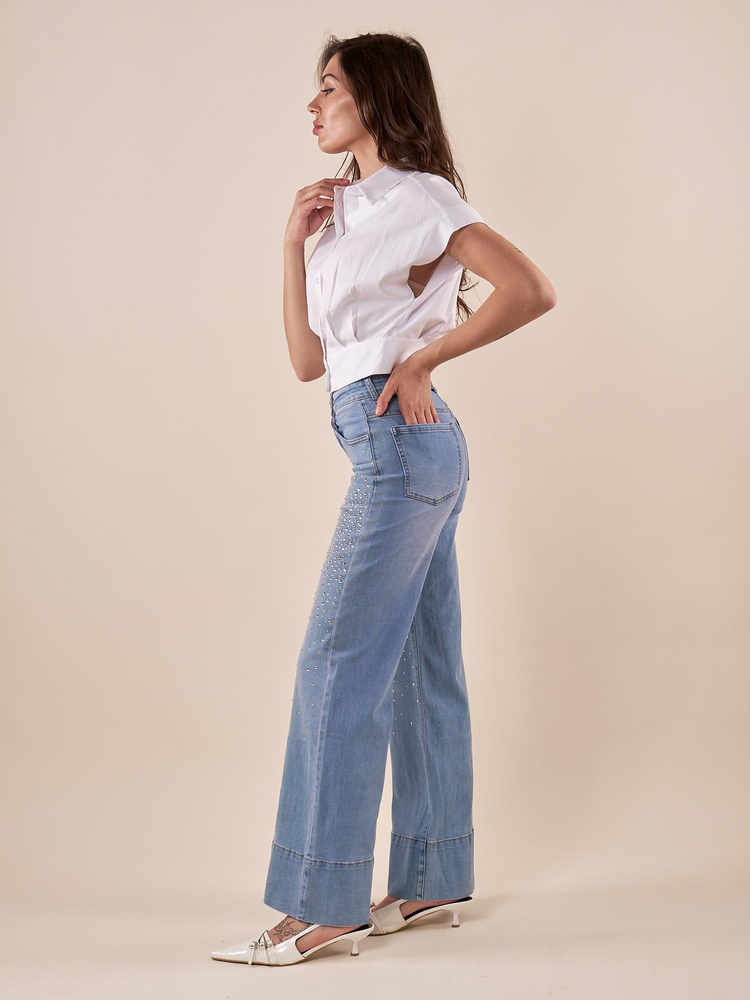 Jeans Donna palazzo con risvolto alto e brillantini. AMR/C3722/BEC DENIM EXTASY 