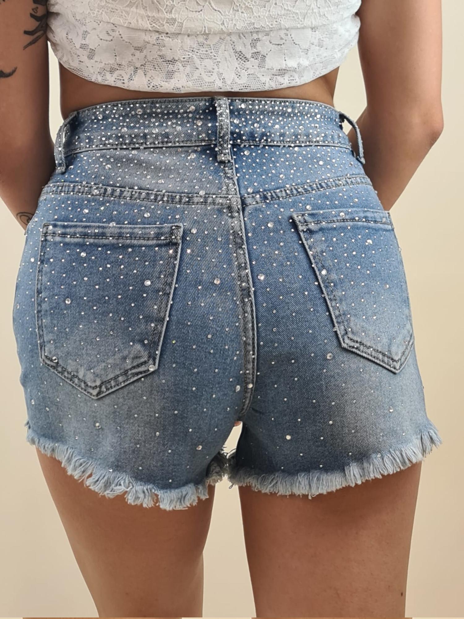 Shorts Donna in Jeans Elasticizzato con Brillantini e Sfrangiature. AMR/LS9337EC JEANS EXTASY 