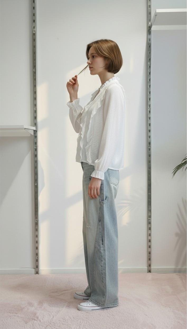 Camicia da donna a maniche lunghe con rouches PG120M BIANCO EXTASY Donna 